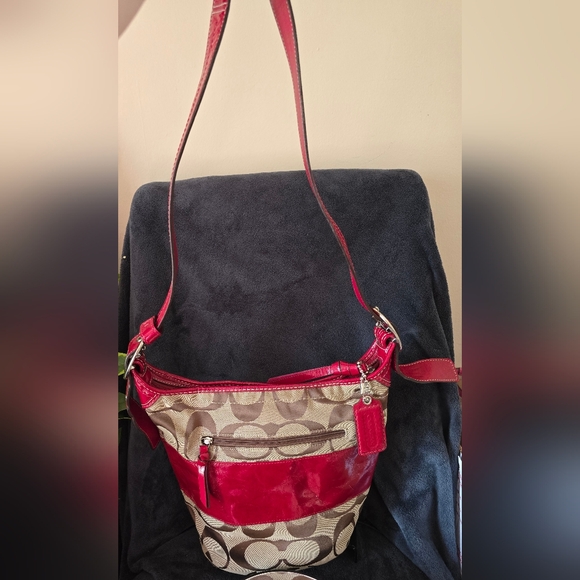 Coach Signature Canvas Shoulder Bag with Red Leather Accent